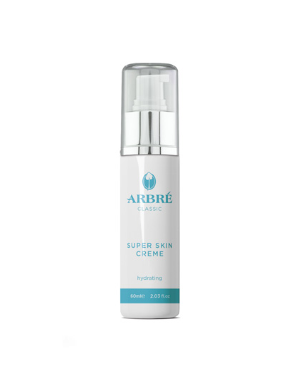 Skincare cream bottle labeled 'Super Skin Creme' by Arbre on a white background