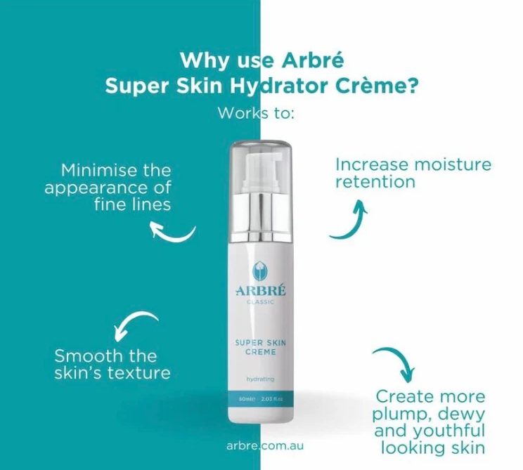 Arbre Super Skin Hydrator Creme with benefits listed on a teal and white background
