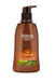 A bottle of Morocco Argan Oil Shampoo with a pump dispenser, brown in color with green tea and argan oil imagery on the label.