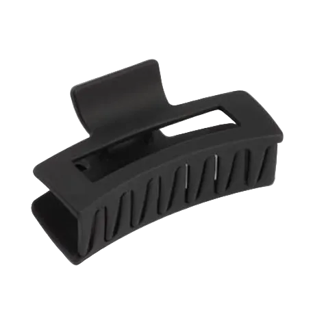 A matte black claw hair clip shown from a three-quarters perspective on a clean white background.