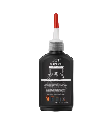 Black bottle of LQT Blade Oil with red cap on white background