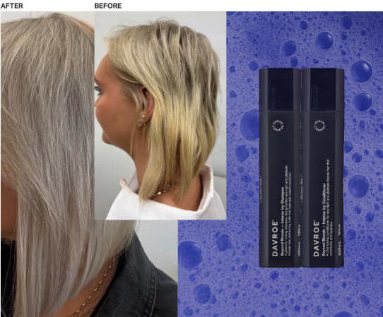 Before and after comparison of hair color with Davroe hair products on a blue bubble background.
