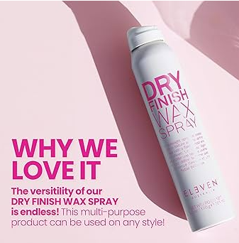 Dry finish wax spray can with promotional text on a pink background