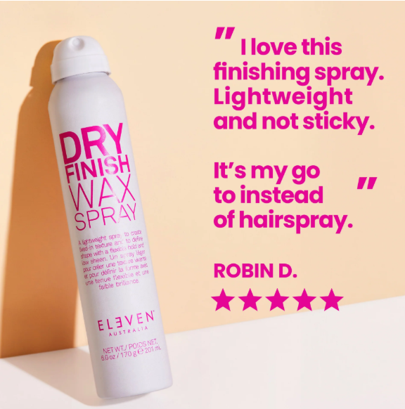 Dry finish wax spray bottle with positive customer review on a beige background