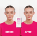 Before and after comparison of a woman using a hair balm with a product container displayed.