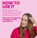 Woman applying hair product with text on how to use it on a pink background