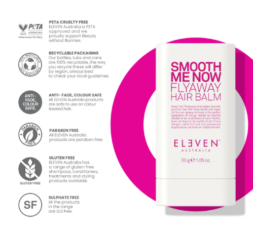 Eleven Australia Smooth Me Now Flyaway Hair Balm packaging with brand information on a white background