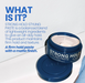 Blue jar of strong hold styling paste with text on a white background