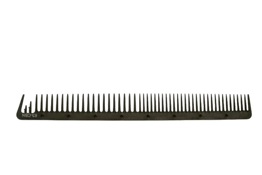 A black carbon basin comb with distinct white branding on one end.