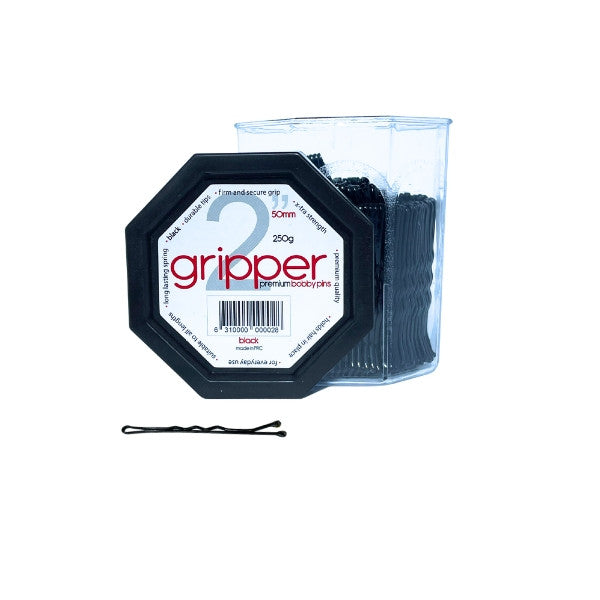 Gripper hair tie packaging with a single black hair tie on a white background