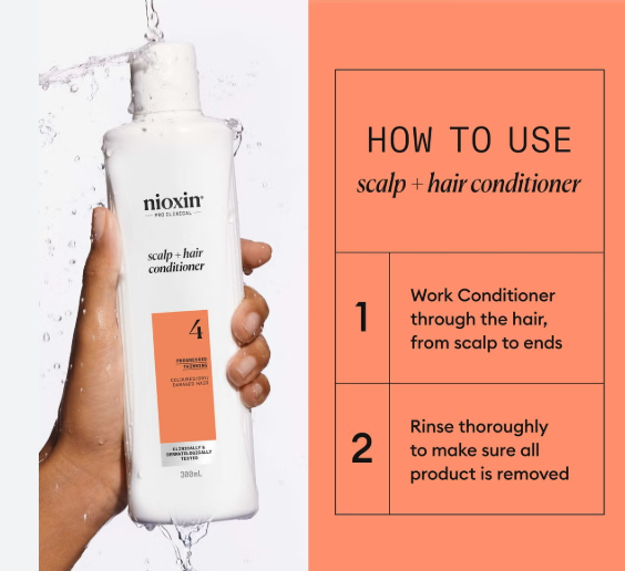 Nioxin scalp and hair conditioner bottle held by a hand with usage instructions on an orange background.