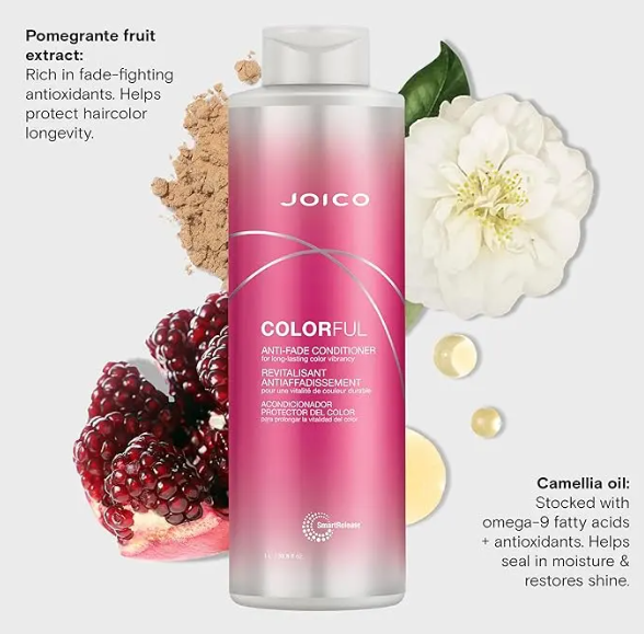Joico Colorful conditioner bottle with pomegranate and camellia elements on a white background