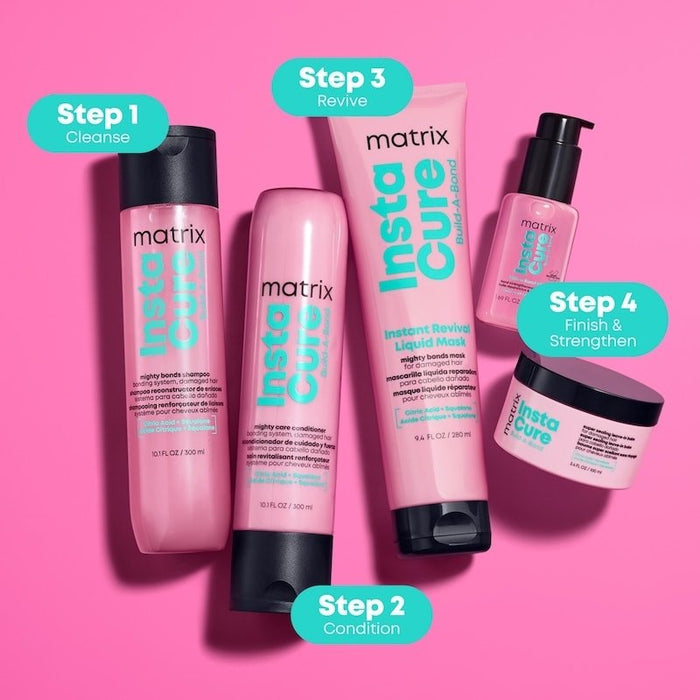 Matrix Insta Cure hair care products on a pink background with step-by-step instructions.