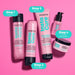 Matrix Insta Cure hair care products on a pink background with step-by-step instructions.