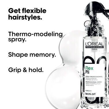 L'Oreal professional hair spray bottle with text highlighting features on a white background