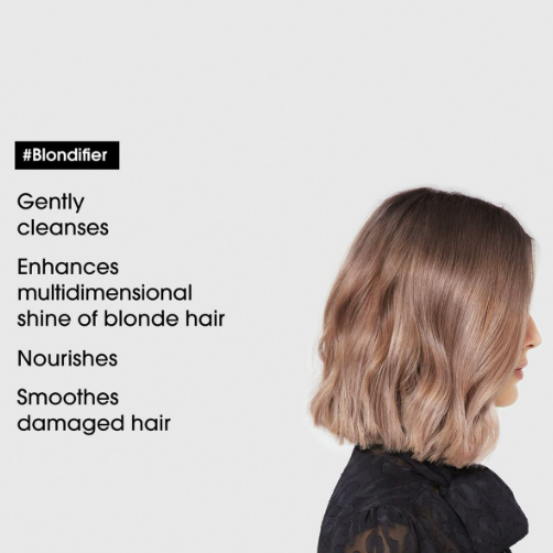 Person with blonde hair on a light gray background, featuring text about hair care product features.