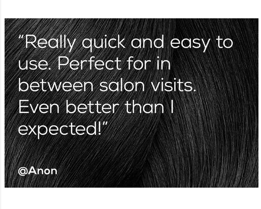 Black hair with white text praising a product's ease of use and effectiveness.