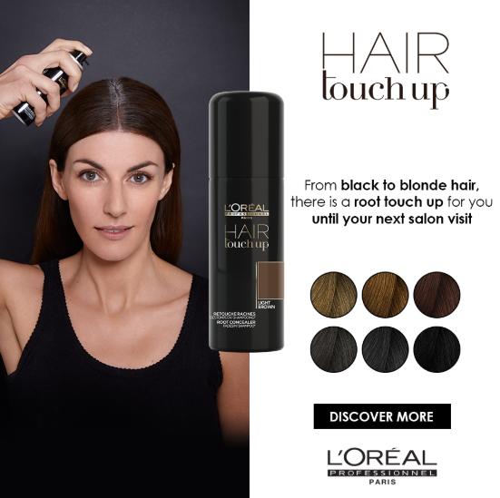 L'Oreal Hair Touch Up product with a woman applying it, and color options displayed.