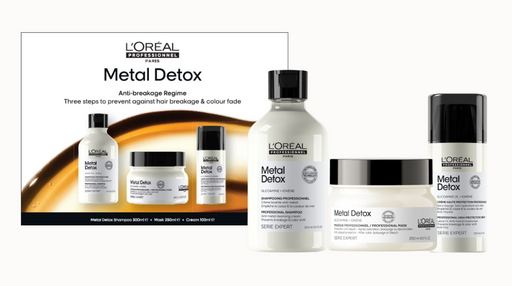 L'Oreal Metal Detox hair care product set on a white background