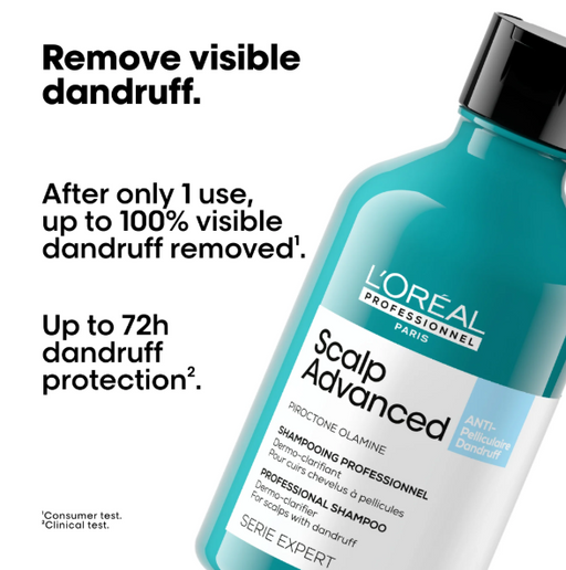 L'Oreal Scalp Advanced shampoo bottle with promotional text on a white background