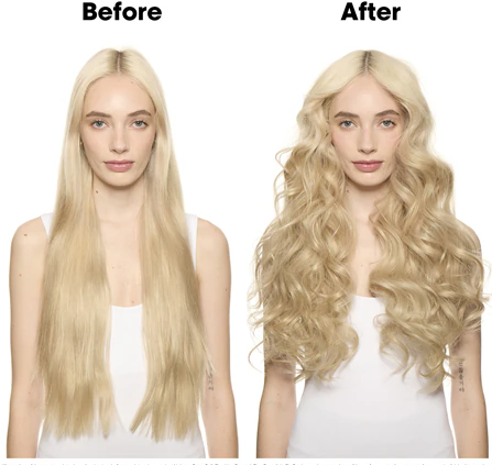 Before and after comparison of a woman with straight and wavy blonde hair.