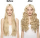 Before and after comparison of a woman with straight and wavy blonde hair.