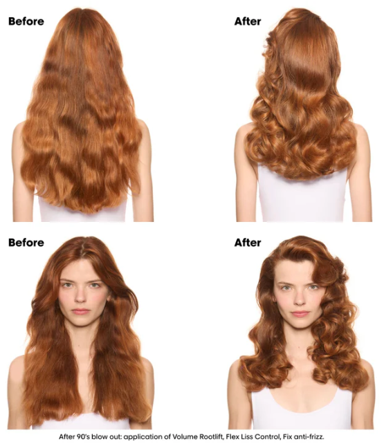 Before and after comparison of styled hair on a person with red hair.