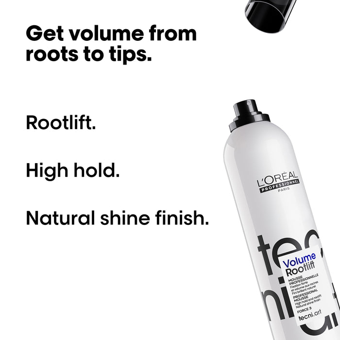 L'Oreal Volume Rootlift hair product with text highlighting features on a white background