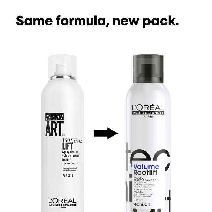 Two bottles of L'Oreal Professionnel Volume Rootlift with text 'Same formula, new pack.'