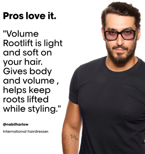 Man wearing sunglasses with text about a hair product on a white background