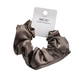 Brown satin scrunchie with MUJU label on a white background