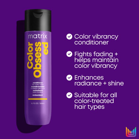 Matrix Color Obsess ed conditioner bottle with features on a purple background