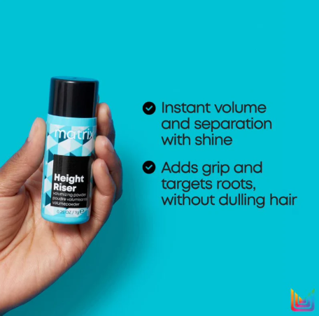 Hand holding a bottle of 'Height Raiser' product with text on a blue background