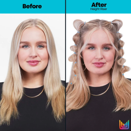 Before and after comparison of a person with hair styled using 'Height Riser' product.