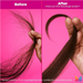 Before and after comparison of hair with an anti-breakage system on a pink background