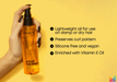 Hand holding a bottle of Matrix hair oil against a yellow background with product features listed.