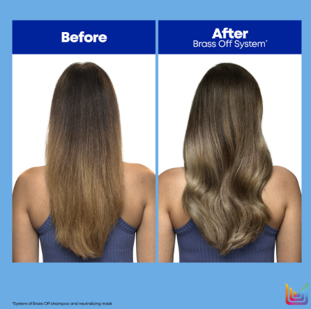 Before and after comparison of hair color treatment with 'Brass Off System' on a blue background.