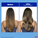 Before and after comparison of hair color treatment with 'Brass Off System' on a blue background.
