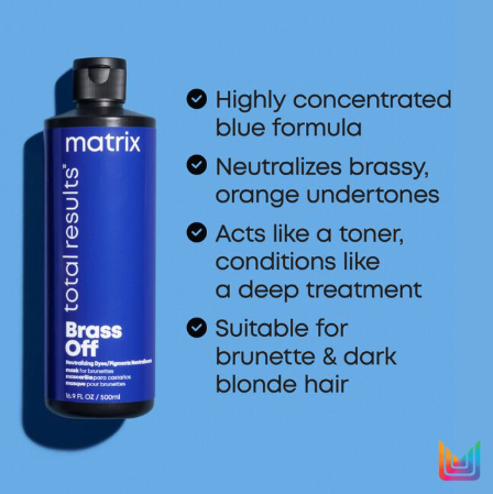 Matrix Total Results Brass Off hair product on a blue background with features listed.