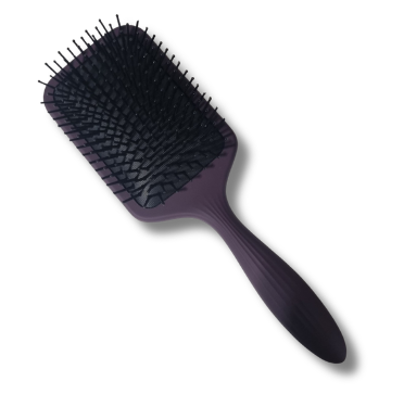 A dark purple and black paddle hairbrush shown at an angle on a plain white background.