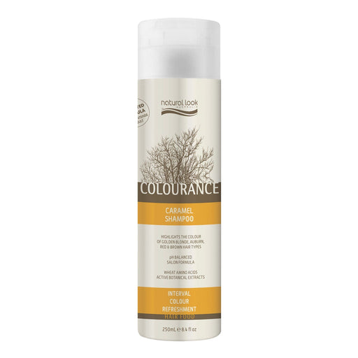 Bottle of Natural Look Colourance Caramel Shampoo 250ml with product information and branding on the label.