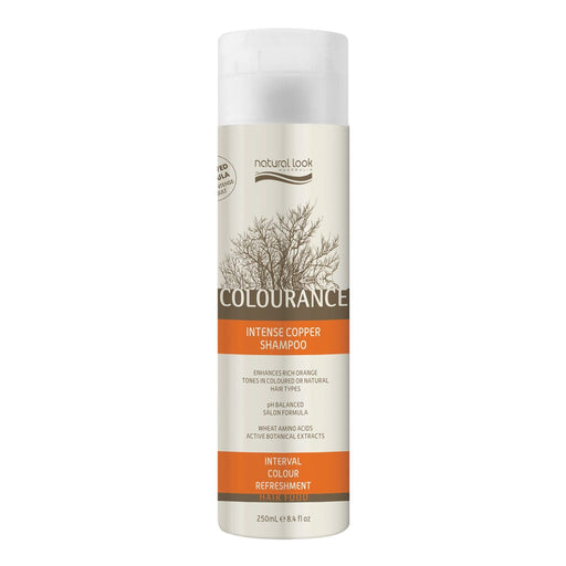 A bottle of Natural Look Colourance Intense Copper Shampoo 250ml with branding and product information on the label.