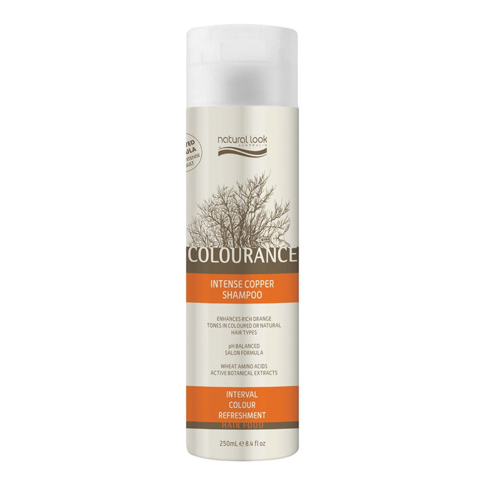 A bottle of Natural Look Colourance Intense Copper Shampoo 250ml with branding and product information on the label.
