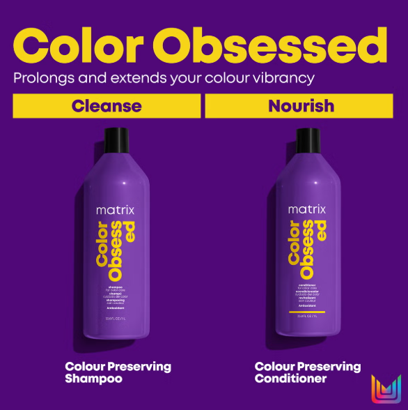 Two bottles of Matrix Color Obsessed shampoo and conditioner on a purple background with text about color vibrancy.
