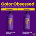 Two bottles of Matrix Color Obsessed shampoo and conditioner on a purple background with text about color vibrancy.