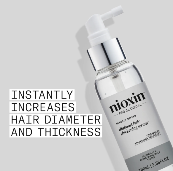 Nioxin hair serum bottle with text on a gray background