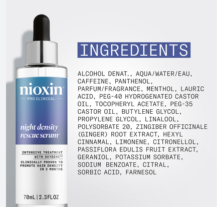 Nioxin night density rescue serum bottle with ingredients list on a light gray background
