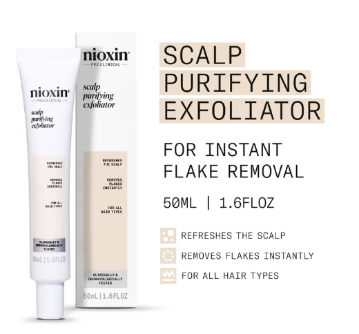 Nioxin scalp purifying exfoliator with product details on a white background