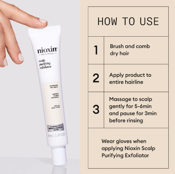 Nioxin scalp purifying exfoliator with usage instructions on a gray background