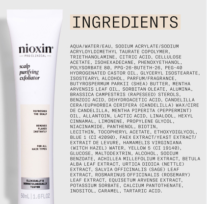 Nioxin product packaging with a list of ingredients on a white background